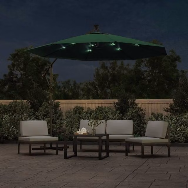 Berkfield Home Green Cantilever Hanging Parasol with LED Lighting and Metal Pole, Diameter: 300 cm – 1