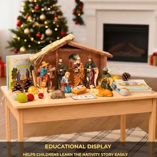 Shatchi Large Handmade Nativity Scene with Wooden Stable and 10-Piece Resin Figurine Set in Brown and Multicolour – 6