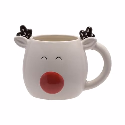Widdop Jolly Reindeer Face Ceramic Christmas Mug in White, Red and Black