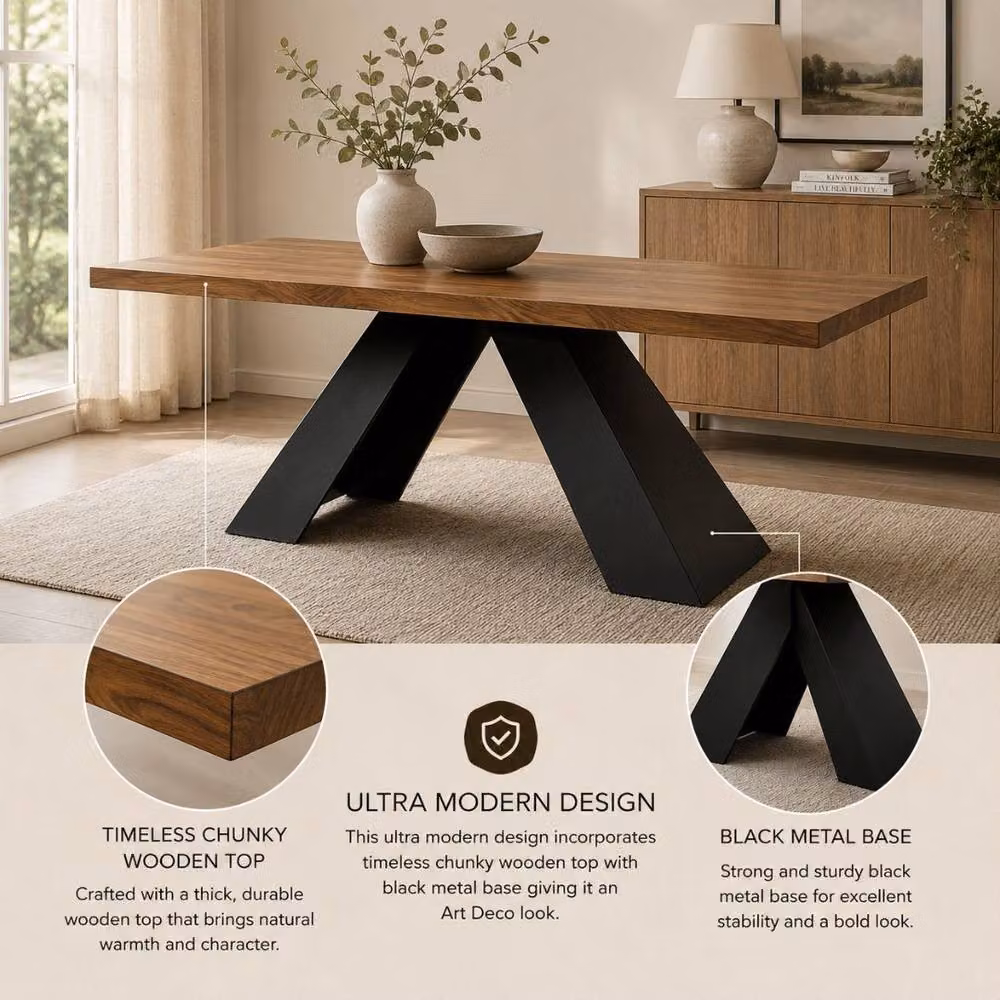Stratus Interiors Axel 1.8 Dining Table with Brown Solid Wood Top and Matt Black Metal Legs, W: 180 cm, D: 90 cm, H: 76 cm – 4