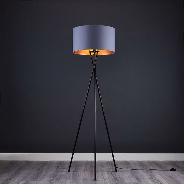 ValueLights Camden Modern Black Metal Tripod Floor Lamp with Grey and Copper Cylinder Shade