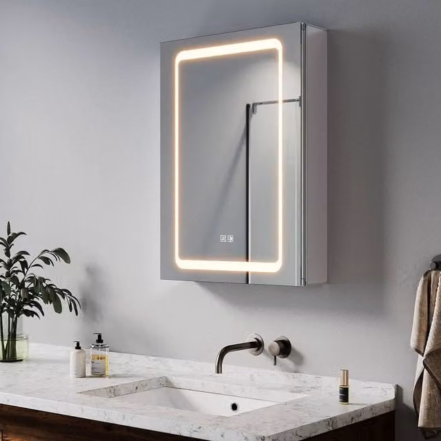 FORGEVIO Silver Bathroom Mirror Cabinet with LED Lighting and Shaver Socket, W: 50 cm, H: 70 cm – 1