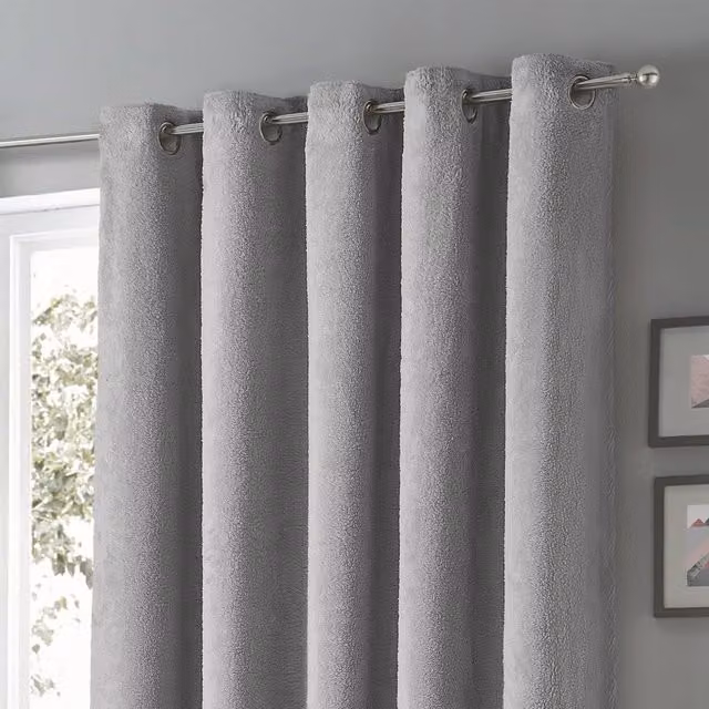 Velosso Grey Teddy Fleece Blackout Eyelet Curtains, W: 168 cm, H: 183 cm