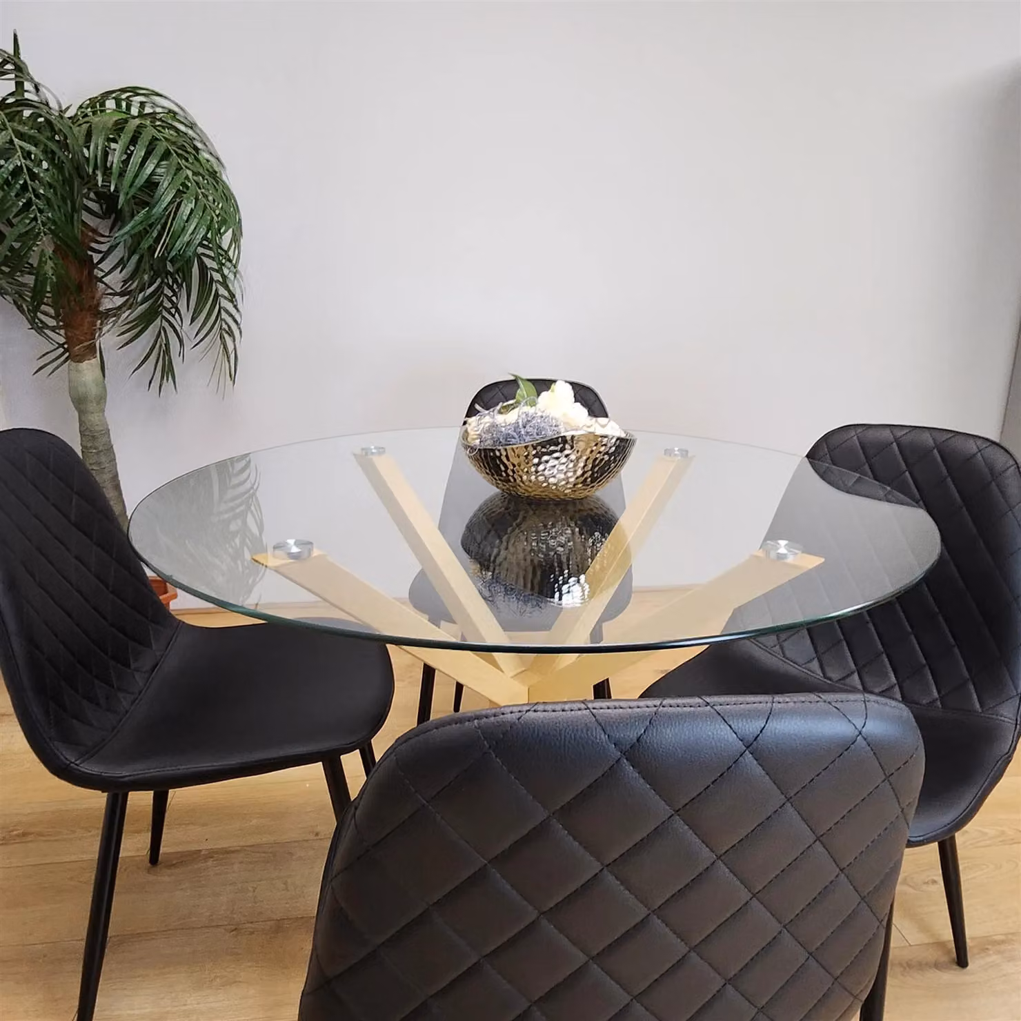 Kosy Koala Round Glass Dining Table Set with 4 Black Gem Pattern Chairs in Clear and Black – 4