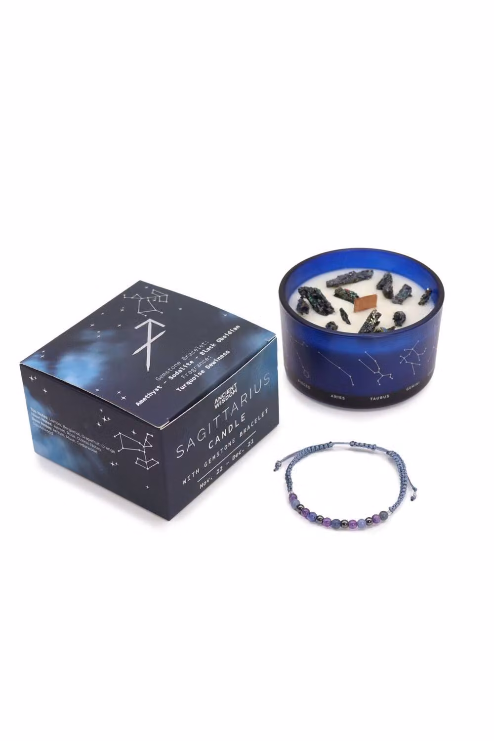 KDMD Sagittarius Zodiac Crystal Candle and Turquoise and Black Gemstone Bracelet Set in Blue – 2
