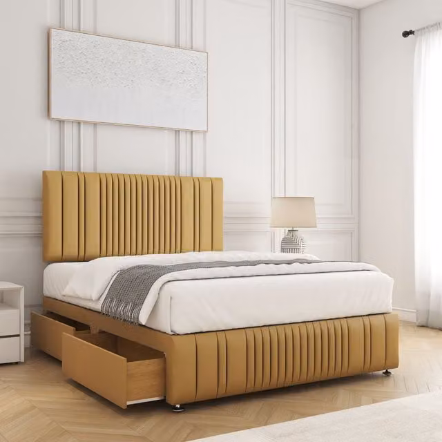 BSSPOKE Rosie Double Divan Bed Set with 24 inch Headboard, Footboard, 2 Drawers and Mattress in Mustard Yellow Velvet Fabric, W/D/H: 140 x 200 cm