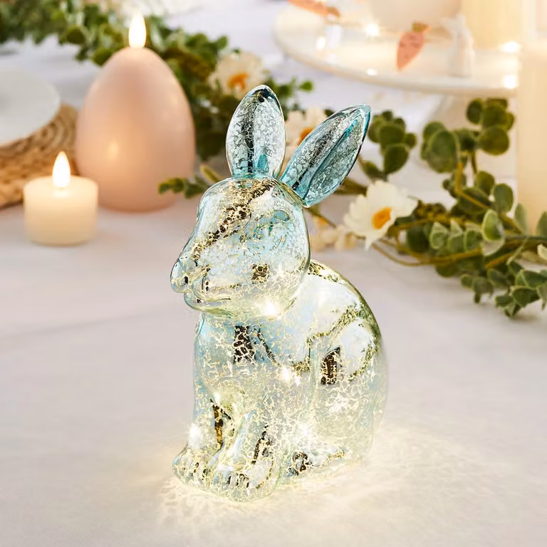 Lights4fun Blue Mottled Glass LED Easter Bunny Tabletop Decoration, H: 18.0 cm, W: 15.0 cm, D: 9.0 cm