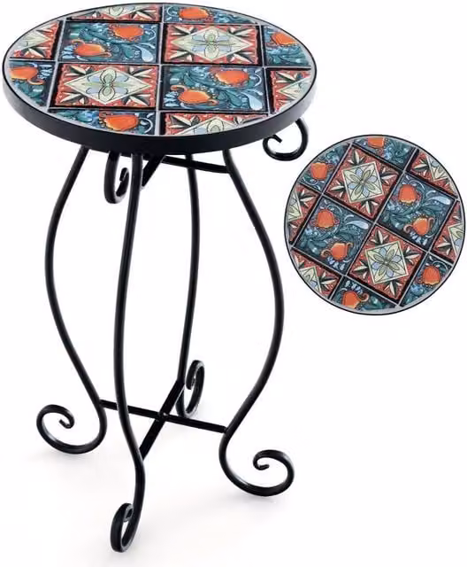 Costway Mosaic Round Outdoor Side Table with Multicolour Floral Ceramic Top and Metal Frame