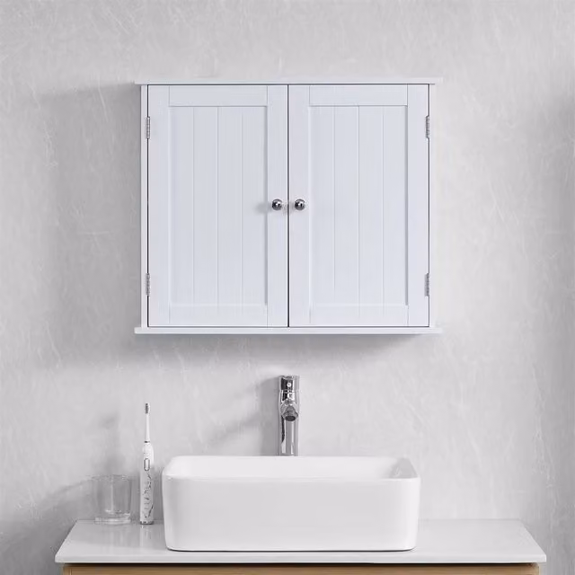 FORGEVIO Modern White Lacquered Wall Mounted Double Door Storage Cupboard with Internal Shelves