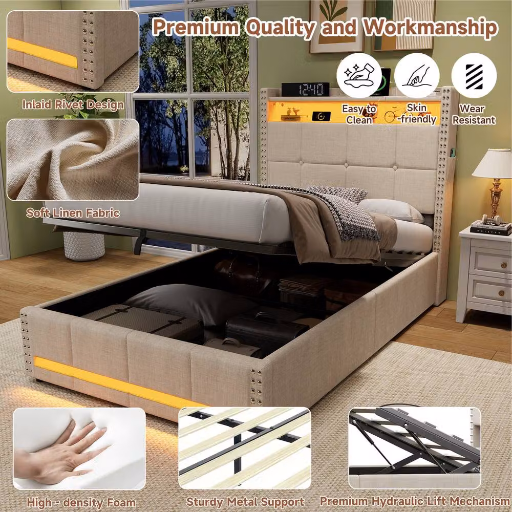 Merax Single Linen Ottoman Bed in Beige with LED Lighting and USB Charging Headboard, W/D/H: 90 x 190 x 115 cm – 4