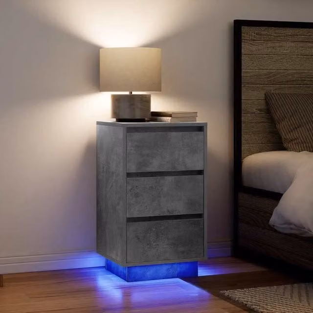 Berkfield Home Bedside Cabinet with Integrated LED Lights, Concrete Grey, W/D/H: 38 x 34 x 65 cm