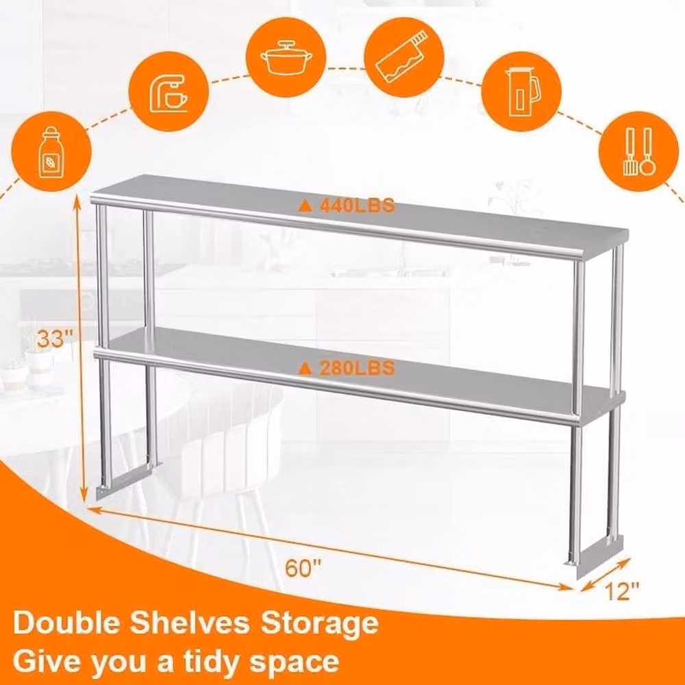KORVIXA Silver Stainless Steel Kitchen Over Shelf, W/D/H: 152.4 x 30.48 x 83.82 cm – 2