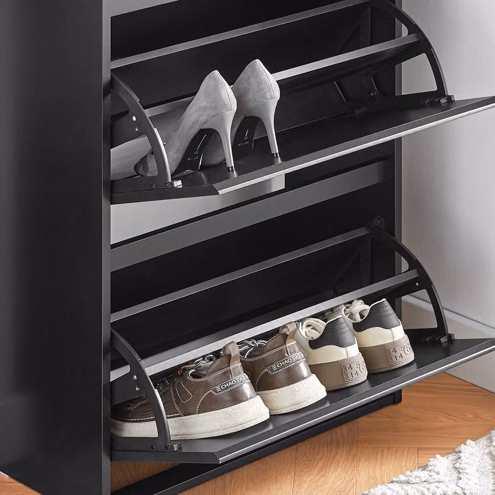 SoBuy Slim Modern Shoe Cabinet in Black with Tilting Compartments and Internal Shelves – 4