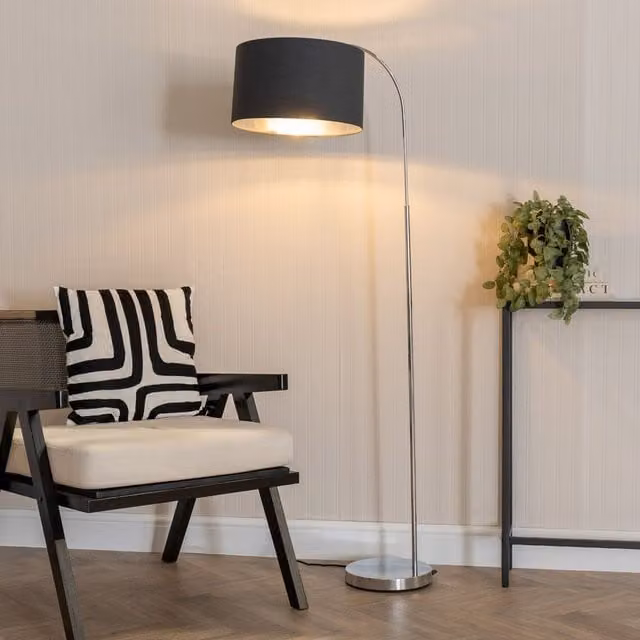 ValueLights Curva Chrome Arched Floor Lamp with Black and Chrome Inner Drum Shade