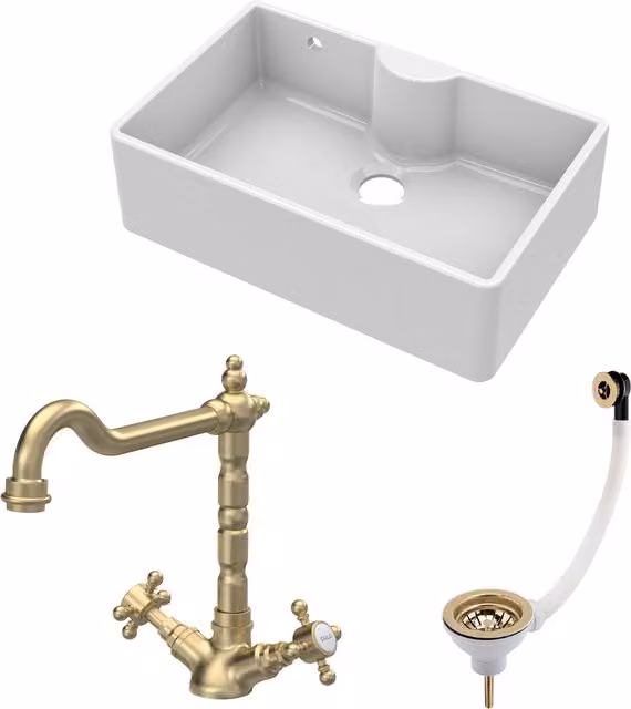 Balterley White Ceramic 1 Bowl Butler Sink with Brushed Brass Classic Tap Waste, Width: 79.5 cm