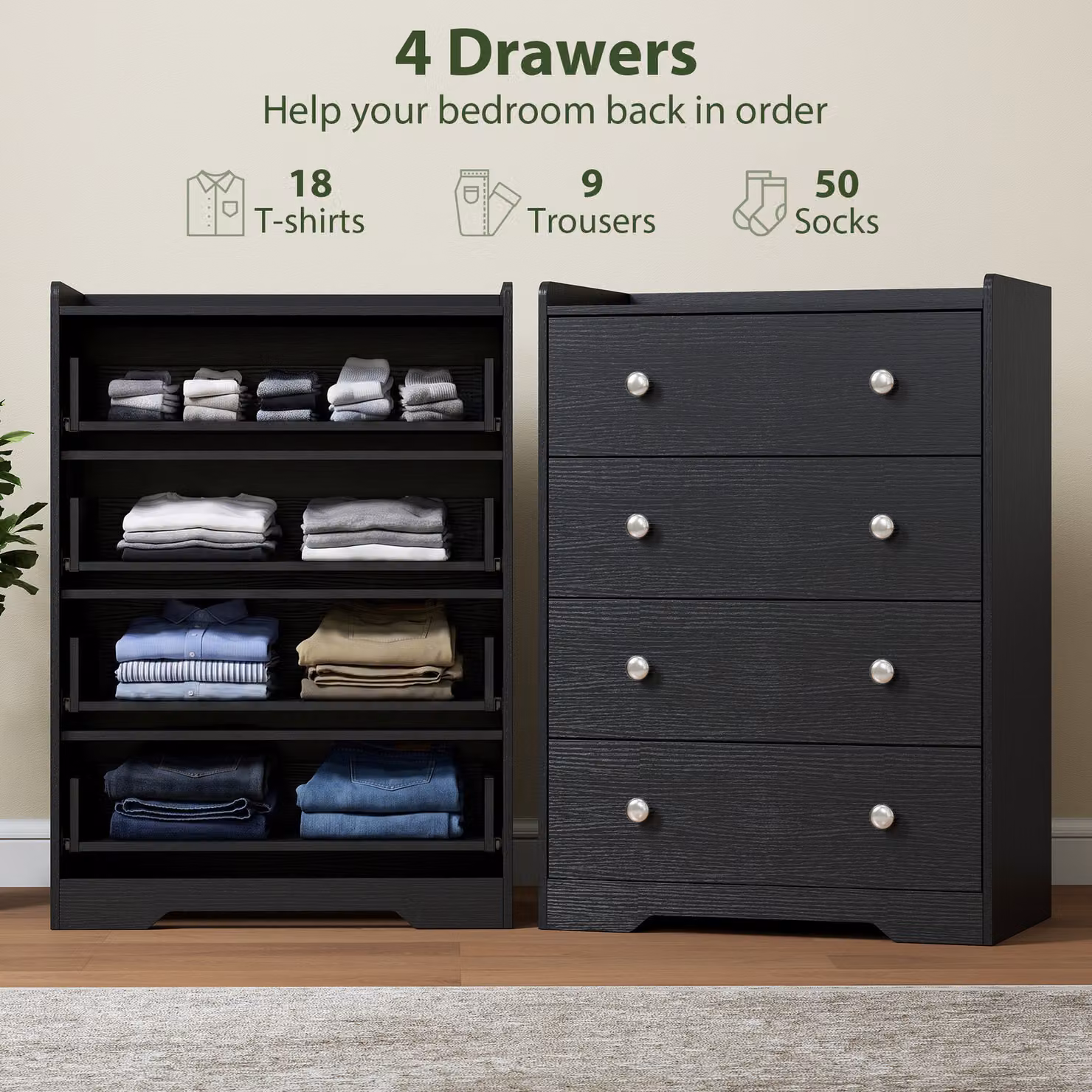 HOMCOM Modern 4 Drawer Chest of Drawers in Black Wood Effect – 3