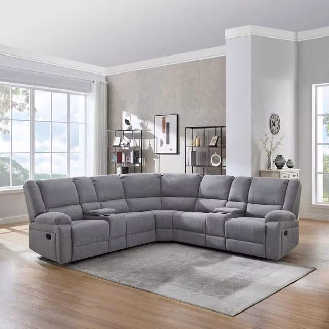 More4Homes Praga L-Shape Corner Fabric Recliner Sofa in Grey with Cup Holders