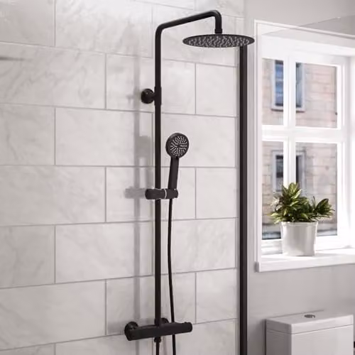 Nes Home Matte Black Exposed Thermostatic Bar Shower Set with Overhead and Handheld Shower