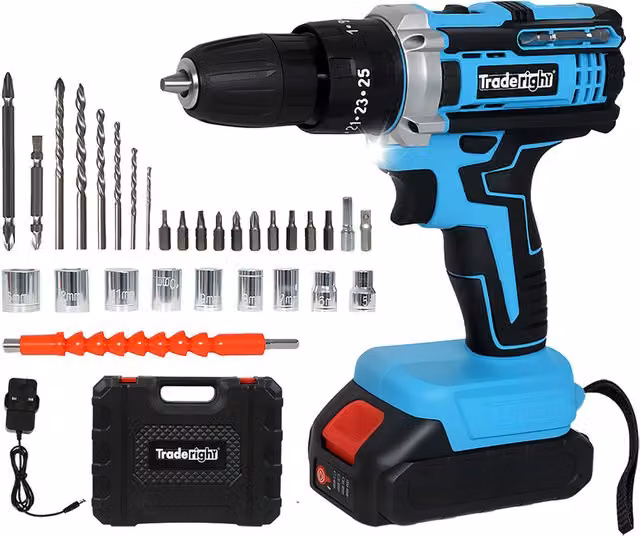 Traderight 21V Cordless Drill Driver Kit with 2.0Ah Rechargeable Battery in Blue and Black