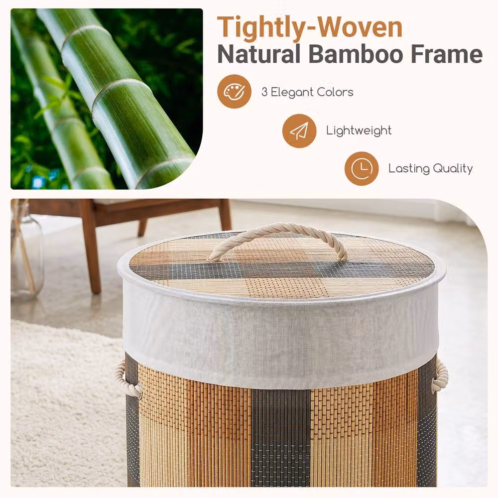 Gymax 50L Round Bamboo Laundry Hamper with Removable Lid and Handles in Brown – 5