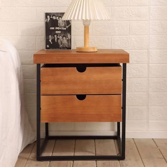 FORGEVIO Industrial Side Table with 2 Storage Drawers, Brown and Black Metal and Wood Design – 1
