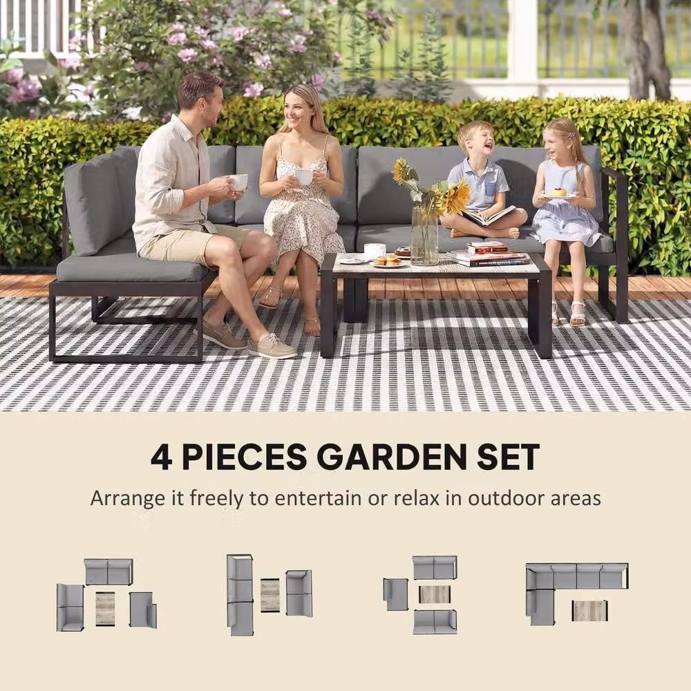OUTSUNNY Modern Garden Sofa Set in Dark Grey with 2 Loveseats, Armless Chair, Coffee Table and Upholstered Cushions – 4
