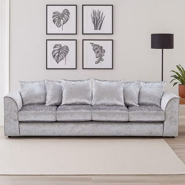 Furnishings For Less UK Silver Crystal Crushed Velvet 4 Seater Curved Arm Sofa with Scatter Cushions
