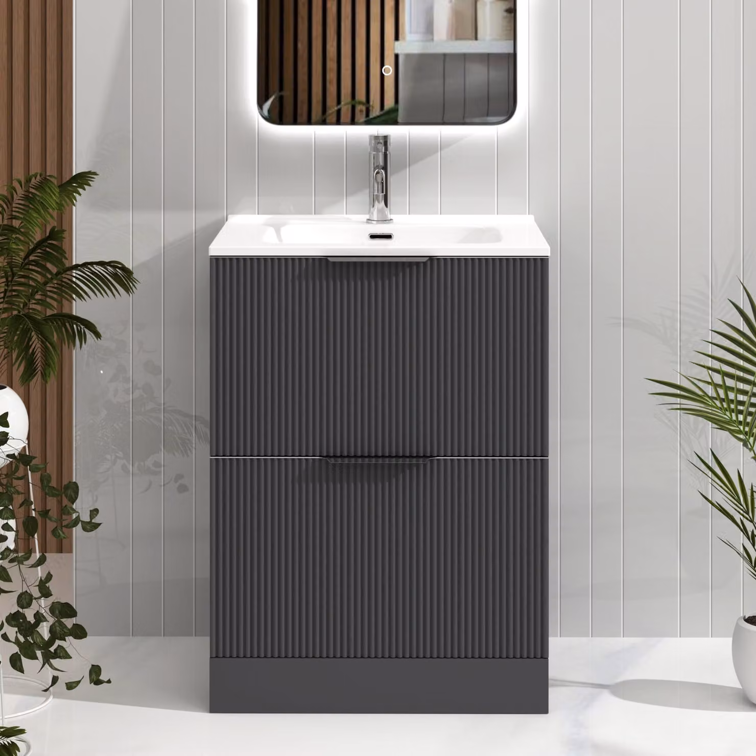 Royal Bathrooms Evora 600mm Graphite Grey Fluted Floor Standing Vanity Unit with 2 Drawers and Ceramic Basin