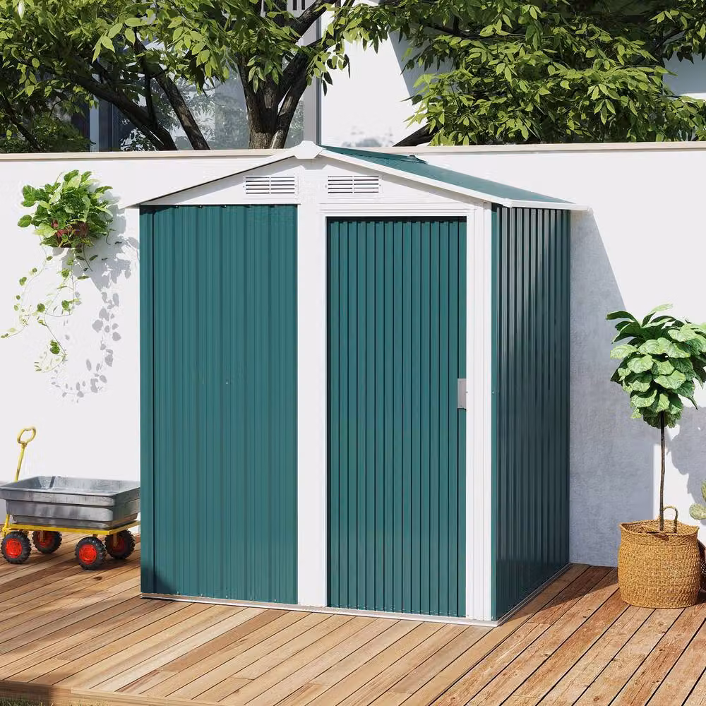 Rolipo Green Metal Pent Garden Shed with Sliding Door and Foundation, W/D/H: 152 x 132 x 188 cm – 9