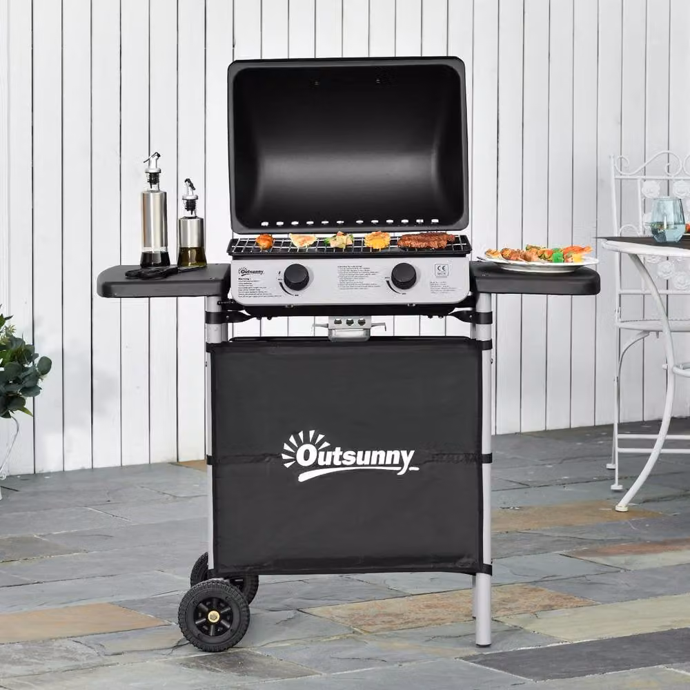 Rolipo 2 Burner Gas BBQ Trolley with Wheels, 5.6kW, Black and Silver – 3