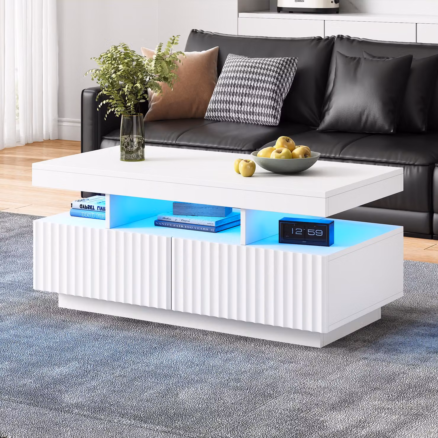 Aosom Modern White Coffee Table with App-Controlled LED, Two Ribbed Drawers and Open Display Shelf, W: 100 cm, D: 50 cm, H: 45 cm – 5