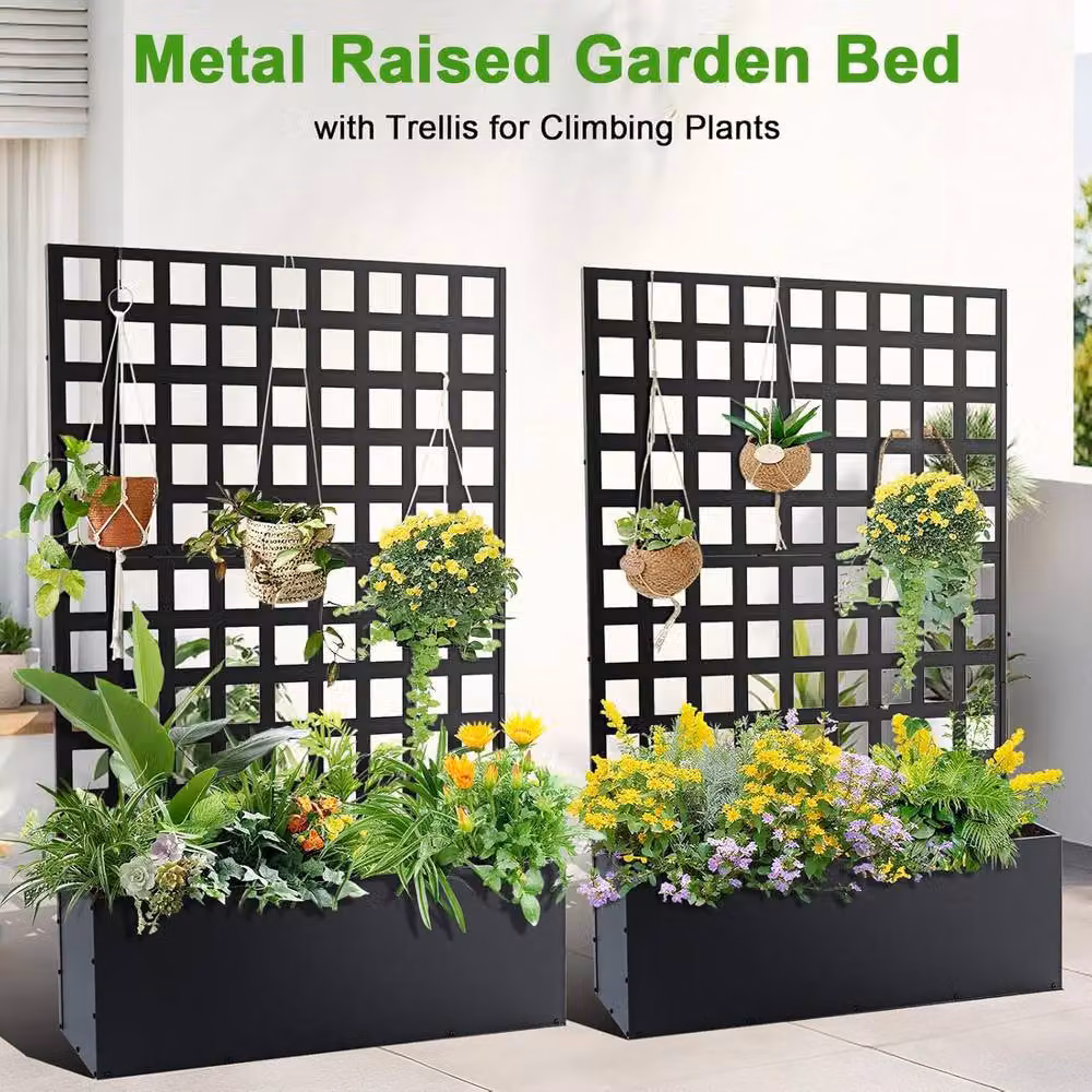 London Boutique Black Metal Raised Garden Bed with Trellis and Drainage Holes – 5