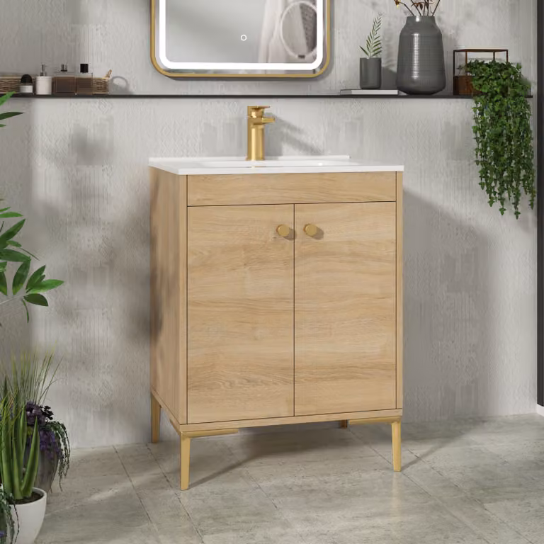Royal Bathrooms Verona 600mm Natural Oak Floor Standing 2 Door Vanity Unit with Ceramic Basin and Brushed Brass Knob