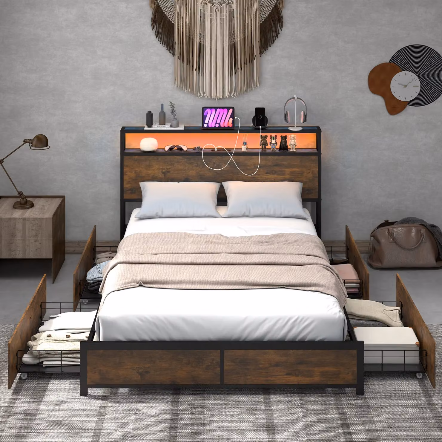 Costway Double Size Metal Bed Frame in Brown with LED Light Headboard, USB Charging Port, Bedside Shelf and 4 Storage Drawers, W/D/H: 140 x 200 cm – 8