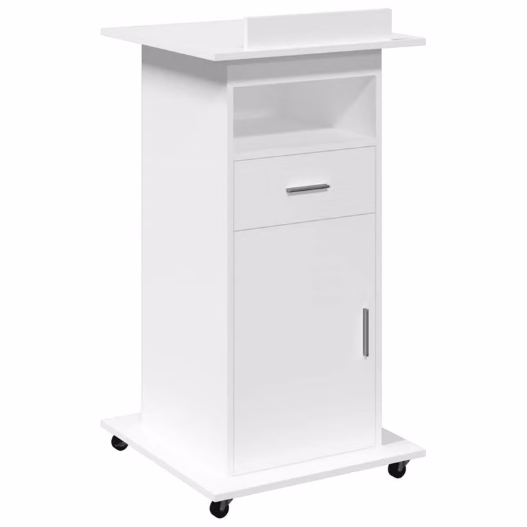Berkfield Home Lectern with Wheels and Drawer in White, W/D/H: 55 x 55 x 107 cm