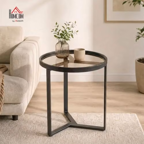 HOMCOM Modern Round Side Table with Transparent Glass Top and Black Metal Frame – 2