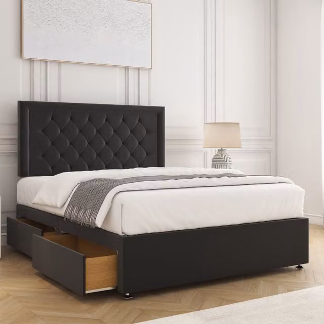 BSSPOKE Nova Plush Velvet Divan Bed Set with 24 inch Headboard, 4 Drawers and Mattress, Black, W/D/H: 140 x 200 cm