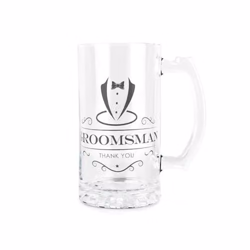 Purely Home Groomsman Glass Beer Stein Tankard with Handle, 450ml, Black and Transparent