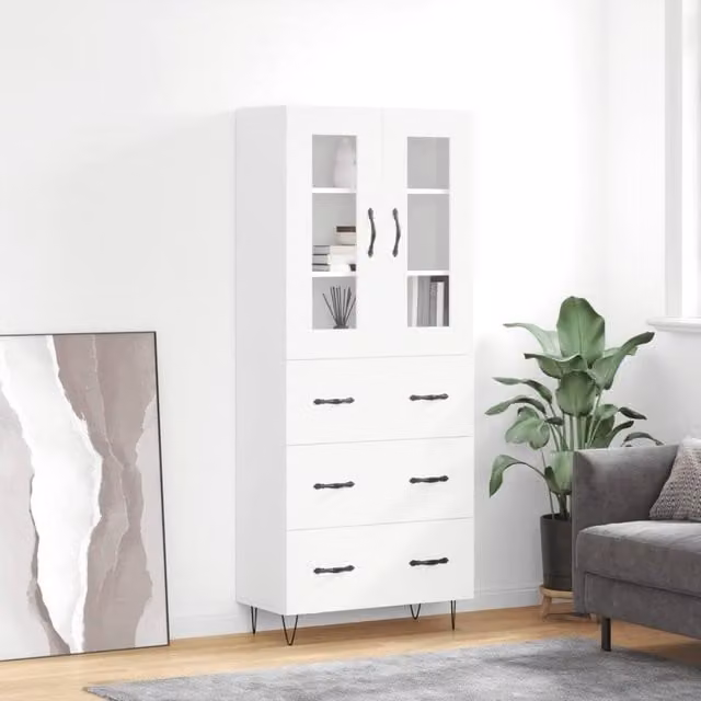 Berkfield Home White Modern Highboard with Glass Doors and Internal Shelves, W/D/H: 69.5 x 34 x 180 cm