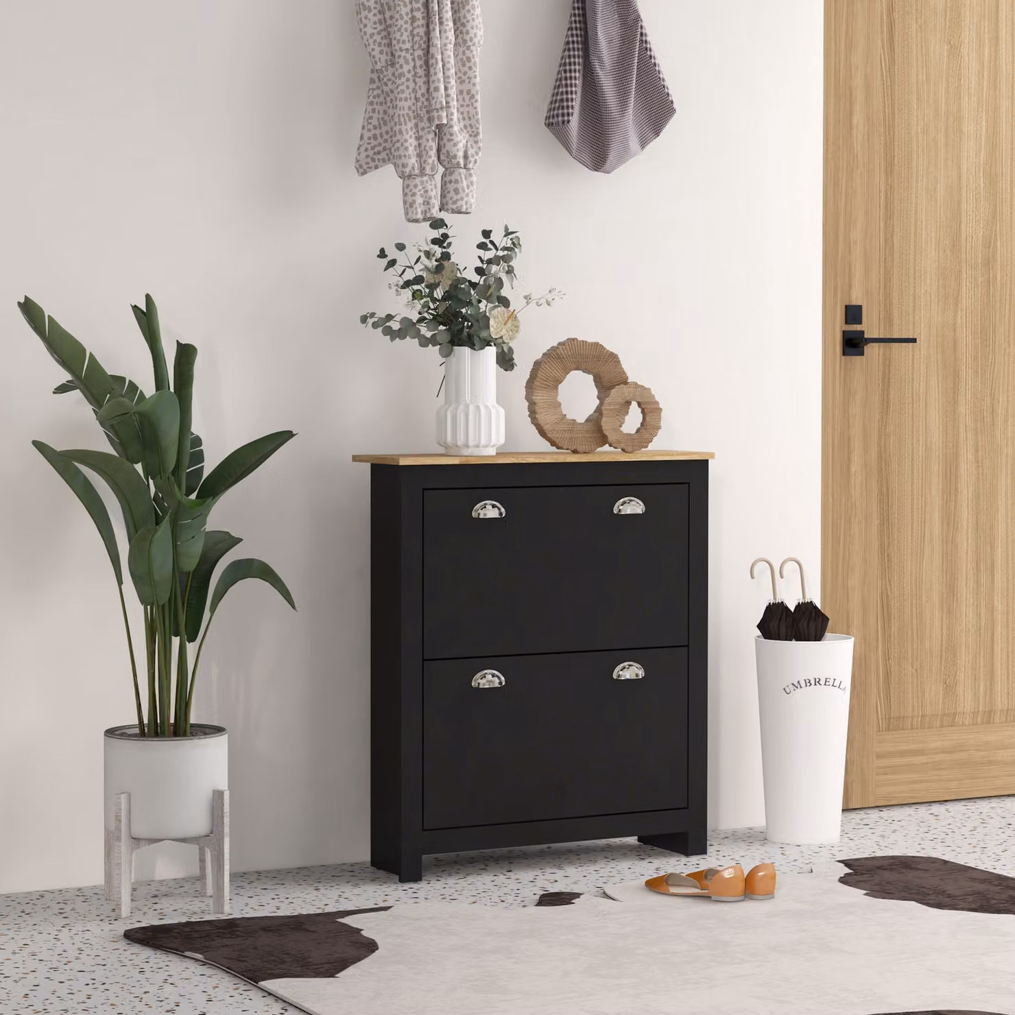 HOMCOM Modern Narrow 2 Drawer Shoe Cabinet in Black with Tilting Compartments and Adjustable Shelves for 12 Pairs, H: 90.5 cm, W: 79.0 cm, D: 20.0 cm – 2