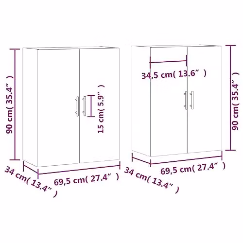 vidaXL Set of 2 Modern Wall Mounted Storage Cabinets with Hinged Doors in Smoked Oak Brown, W/D/H: 90 x 23.7 x 69.5 cm – 3