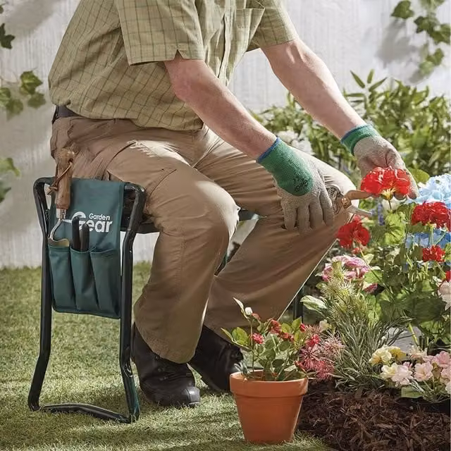 Garden Gear Green Folding Garden Kneeler Seat Stool with Handles and Tool Bag