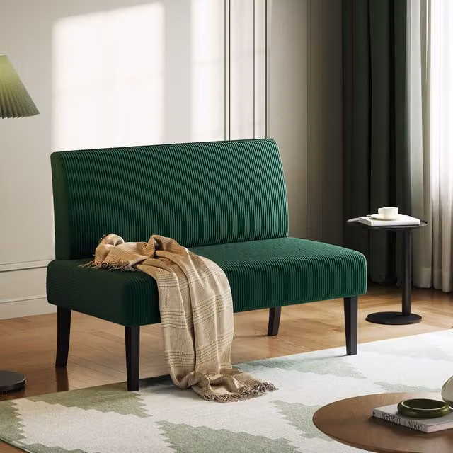 Yaheetech Green Corduroy Armless Small Sofa Loveseat with Rubberwood Frame