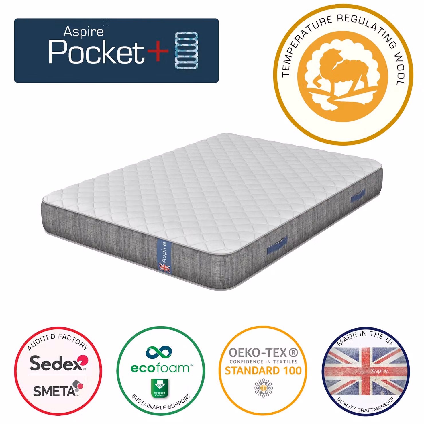 Aspire Pocket+ & Wool Mattress in a Box, White, W/D/H: 90 x 200 cm – 2