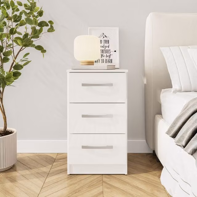 Birlea Lynx 3 Drawer Bedside Table in White Glossy Finish