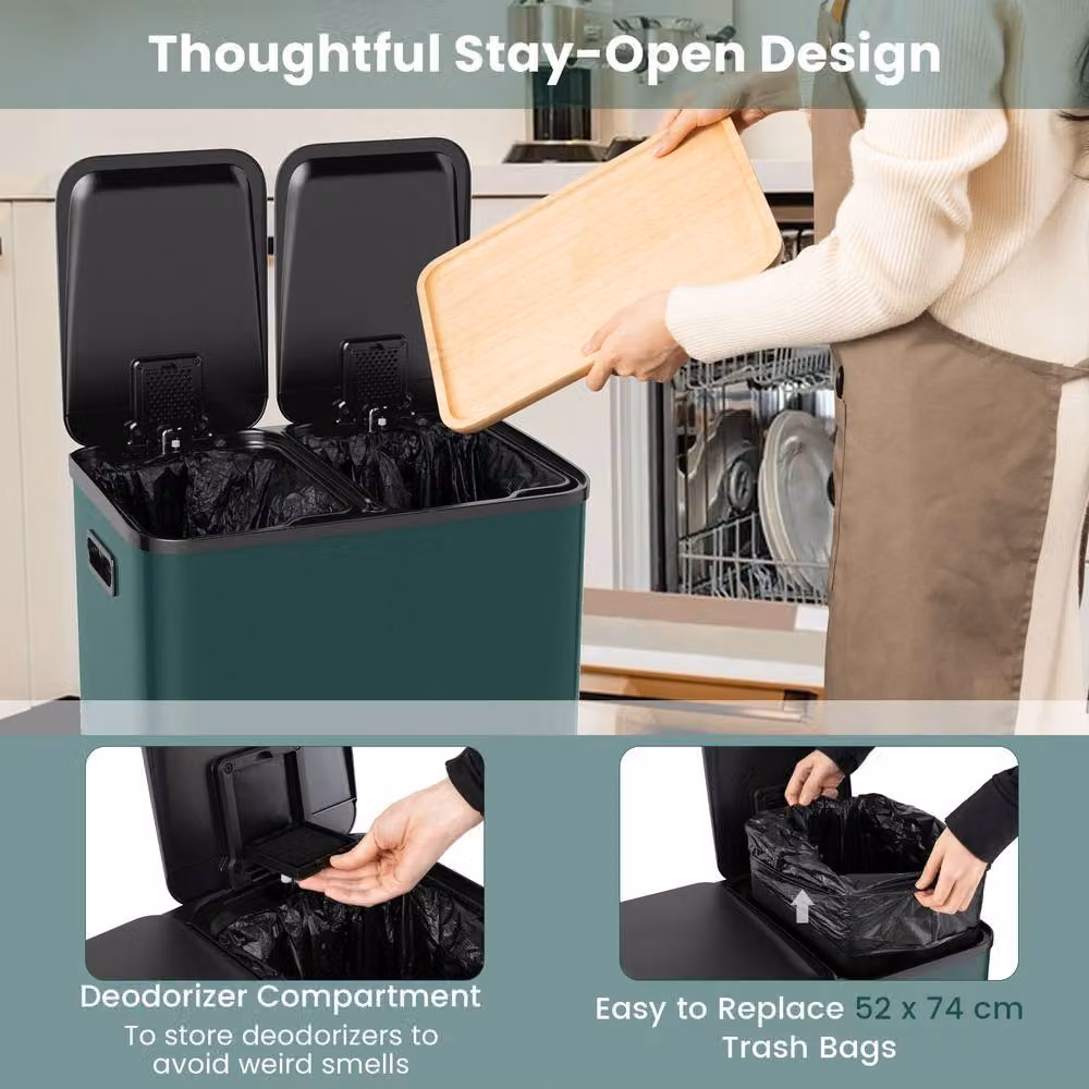 Gymax 60L Step Trash Can with Dual 30L Removable Liners in Green – 5