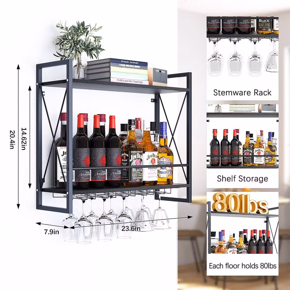 Huhote 2 Tier Wall Mounted Wine Glass Rack Holder in Matt Black – 5
