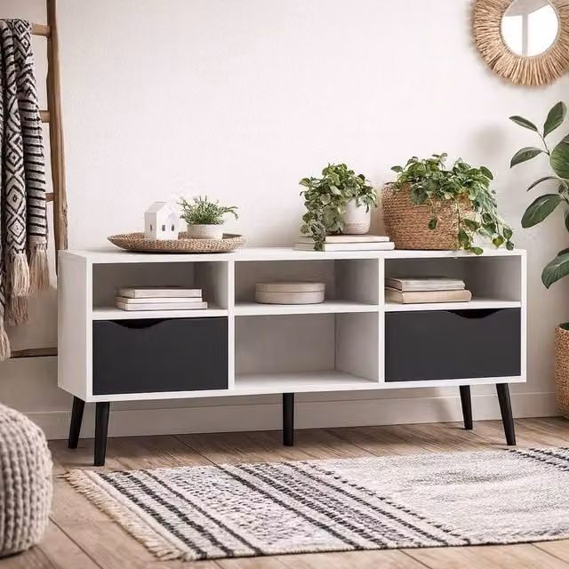 Wyld Haus Sapporo Wide TV Unit with White Frame and Matt Black Drawers, W: 117.2 cm, D: 39.1 cm, H: 57.4 cm – 1