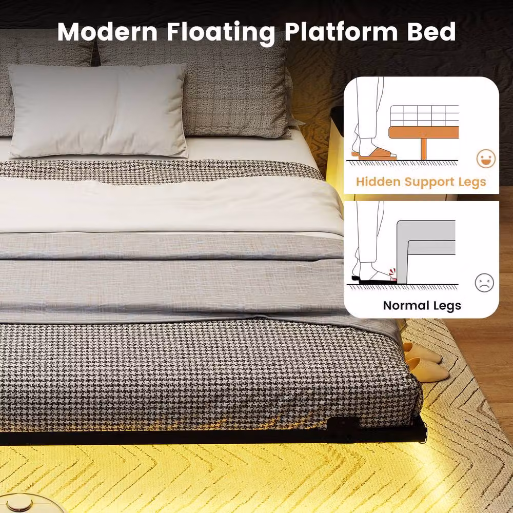 Costway King Size Modern Metal Floating Bed Frame with LED Under-Bed Lighting in Black, 180 x 200 cm – 5