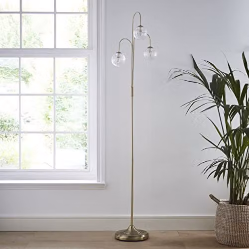K LIVING Antique Brass 3 Light Floor Lamp with Transparent Glass Sphere Shades, Height: 165 cm